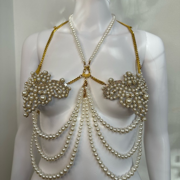 Mermaid Pearl Rhinestone & Gold Chain Jewelry Top fits B-D cup Handmade Unique - Picture 9 of 15